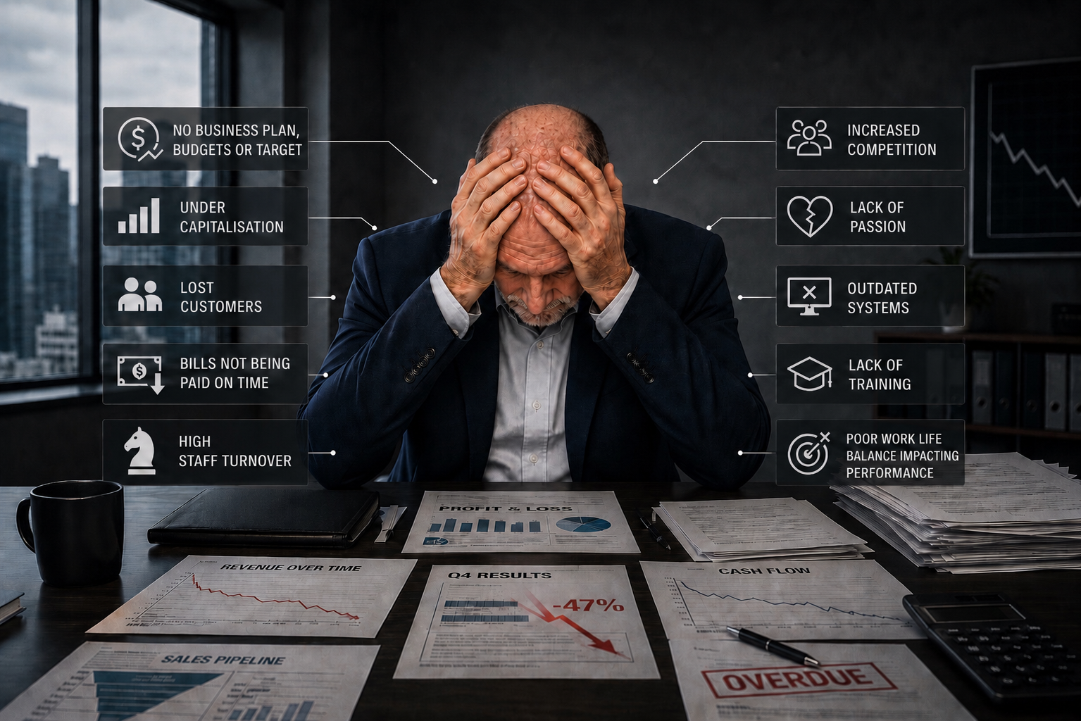 The Erosion of Business — showing rising costs, decreasing profits, lost customers, poor cash flow, lack of strategy, increased competition, market changes, outdated systems, team turnover, and lack of focus