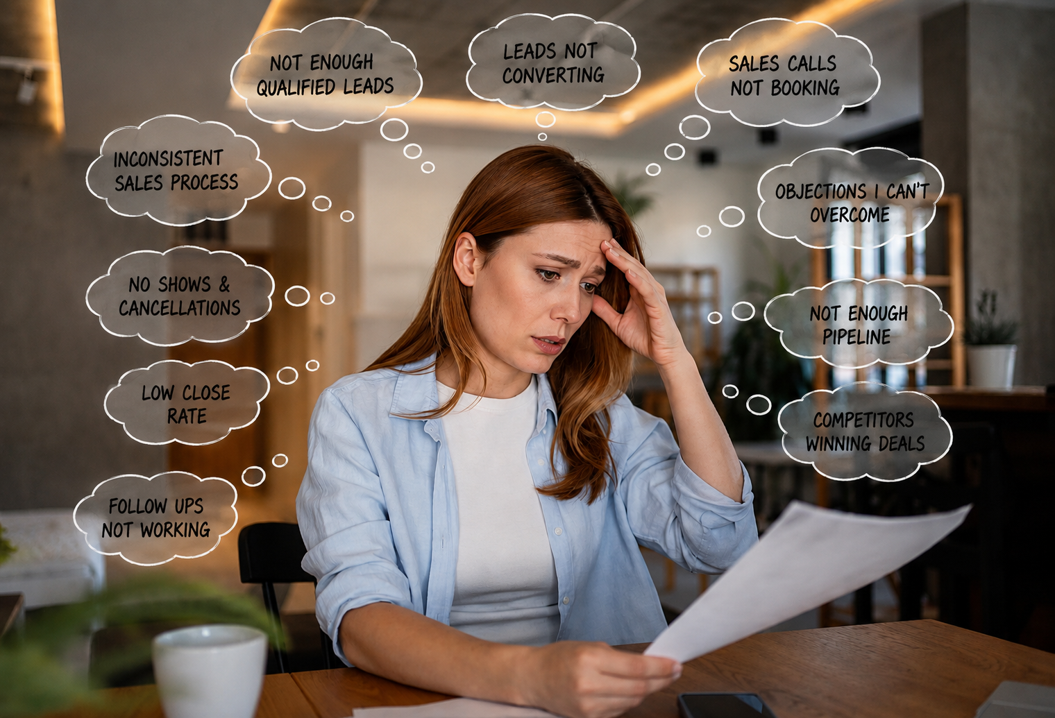 Business owner overwhelmed by sales challenges including not enough qualified leads, leads not converting, inconsistent sales process, and low close rate